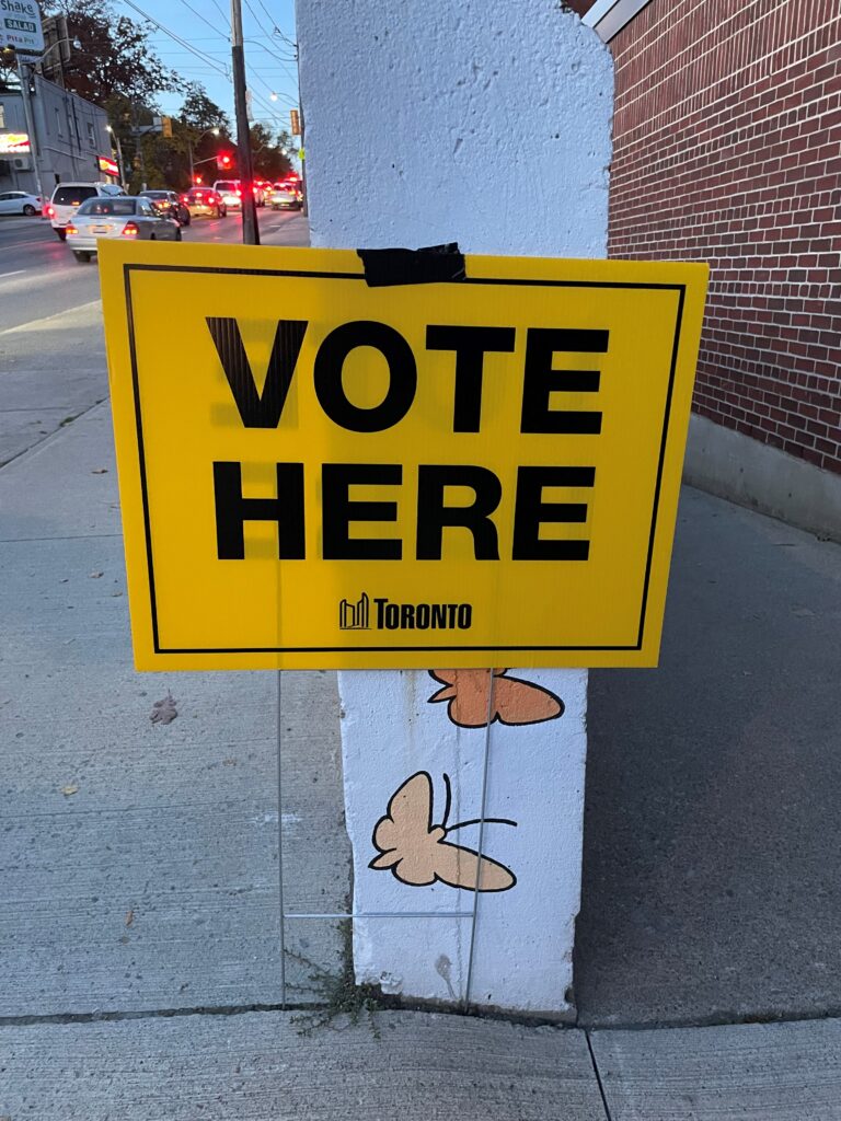 'Vote here' sign for Toronto municipal election polling station