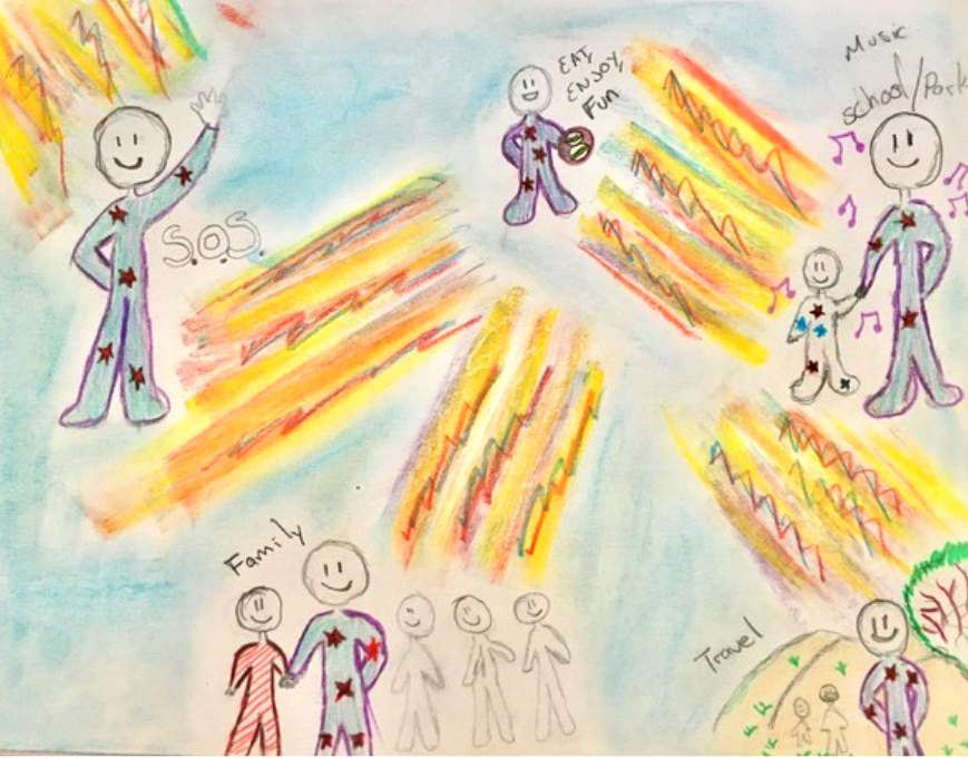 colourful drawing with bright yellow streaks connecting between people