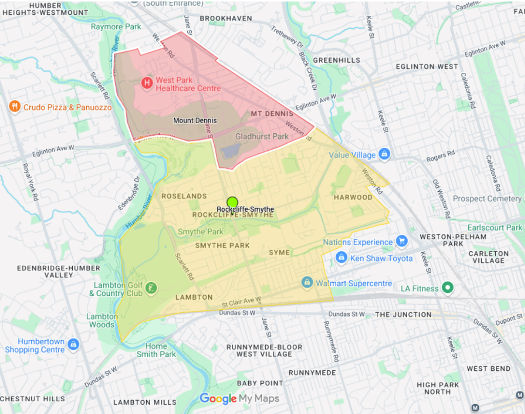 Map of Rockcliffe-Smythe and Mount Dennis (RS-MD) neighbourhoods