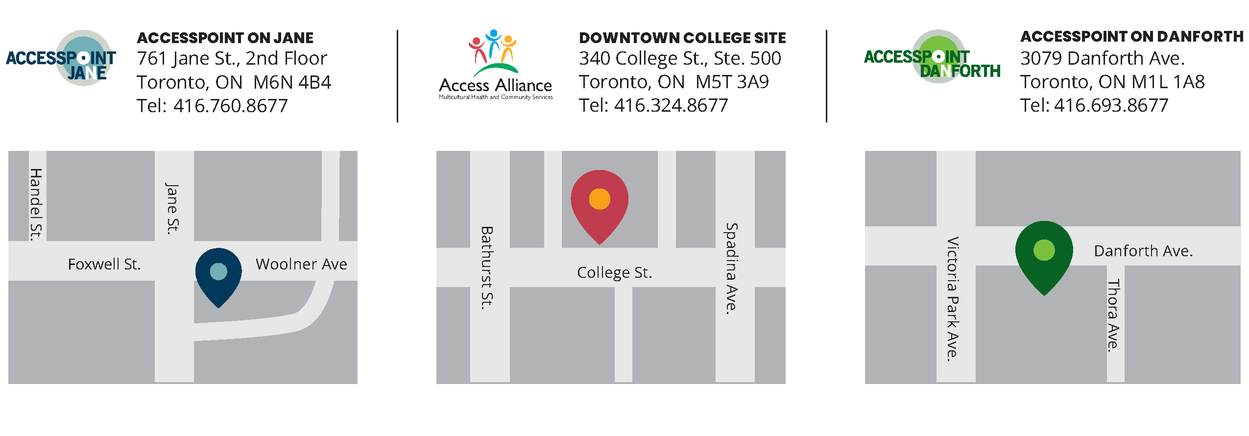 Map showing our three locations, AccessPoint on Jane, our downtown College site, and AccessPoint on Danforth.