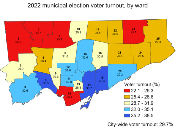 Map with 2022 Toronto election voter turnout percentage in each ward